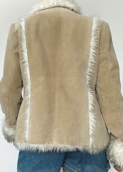 Beige & White Fur Trim Coat (S/M)