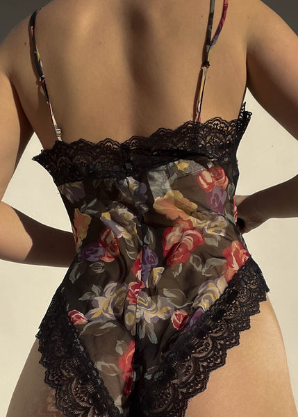 80's Black Lace & Rose Mesh Teddy (S-M)