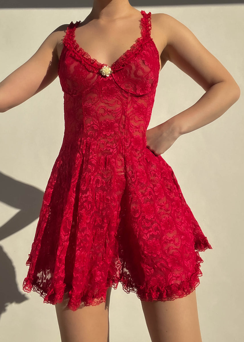 90’s Red Lace Mini Dress (S) – Retro and Groovy