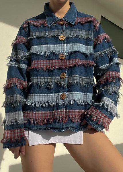 90's Denim & Plaid Fringe Jacket (L)