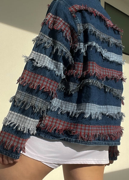 90's Denim & Plaid Fringe Jacket (L)