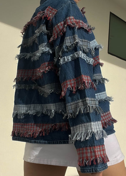 90's Denim & Plaid Fringe Jacket (L)