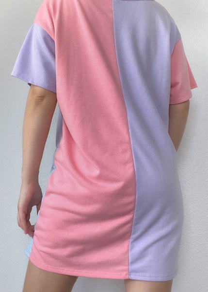 Pastel Color-Block T-Shirt Dress (L)