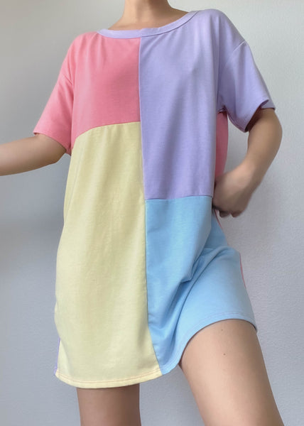 Pastel Color-Block T-Shirt Dress (L)