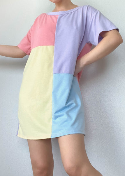 Pastel Color-Block T-Shirt Dress (L)
