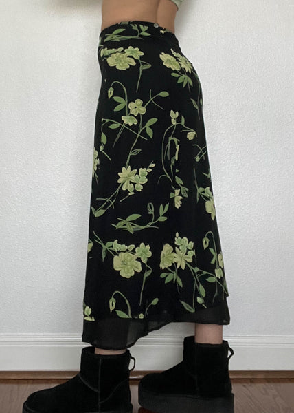90’s Black & Green Floral Maxi Skirt (S)