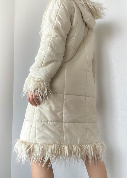 Y2k Cream Fur Trim Coat (L)