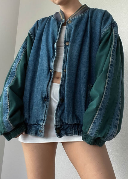 90's Forest Green & Denim Bomber (L)