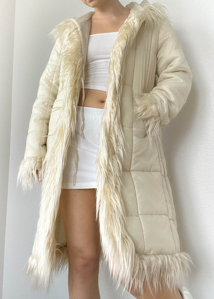 Y2k Cream Fur Trim Coat (L)
