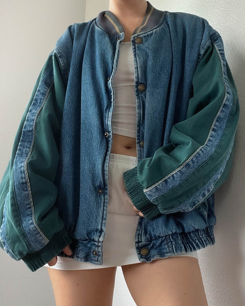 90's Forest Green & Denim Bomber (L)