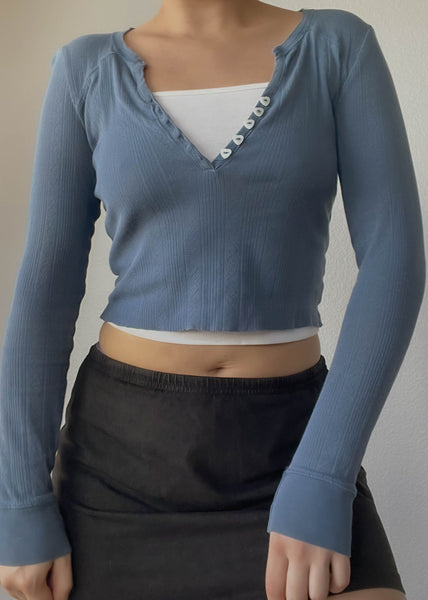 Y2k Blue Heart Button Top (S)