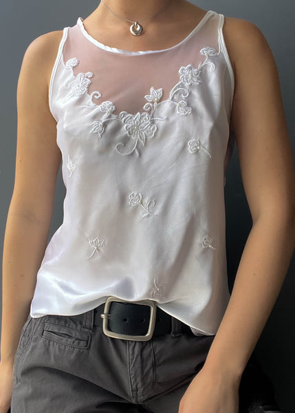 90's White Silky Floral Tank (S)