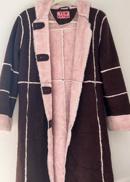 Y2k Brown & Pink Fur Trim Coat (S)