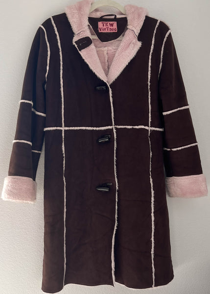 Y2k Brown & Pink Fur Trim Coat (S)