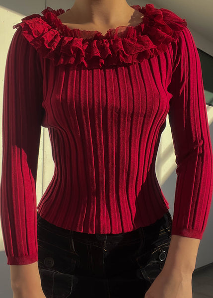 Red Ribbed Ruffle Knit (M)