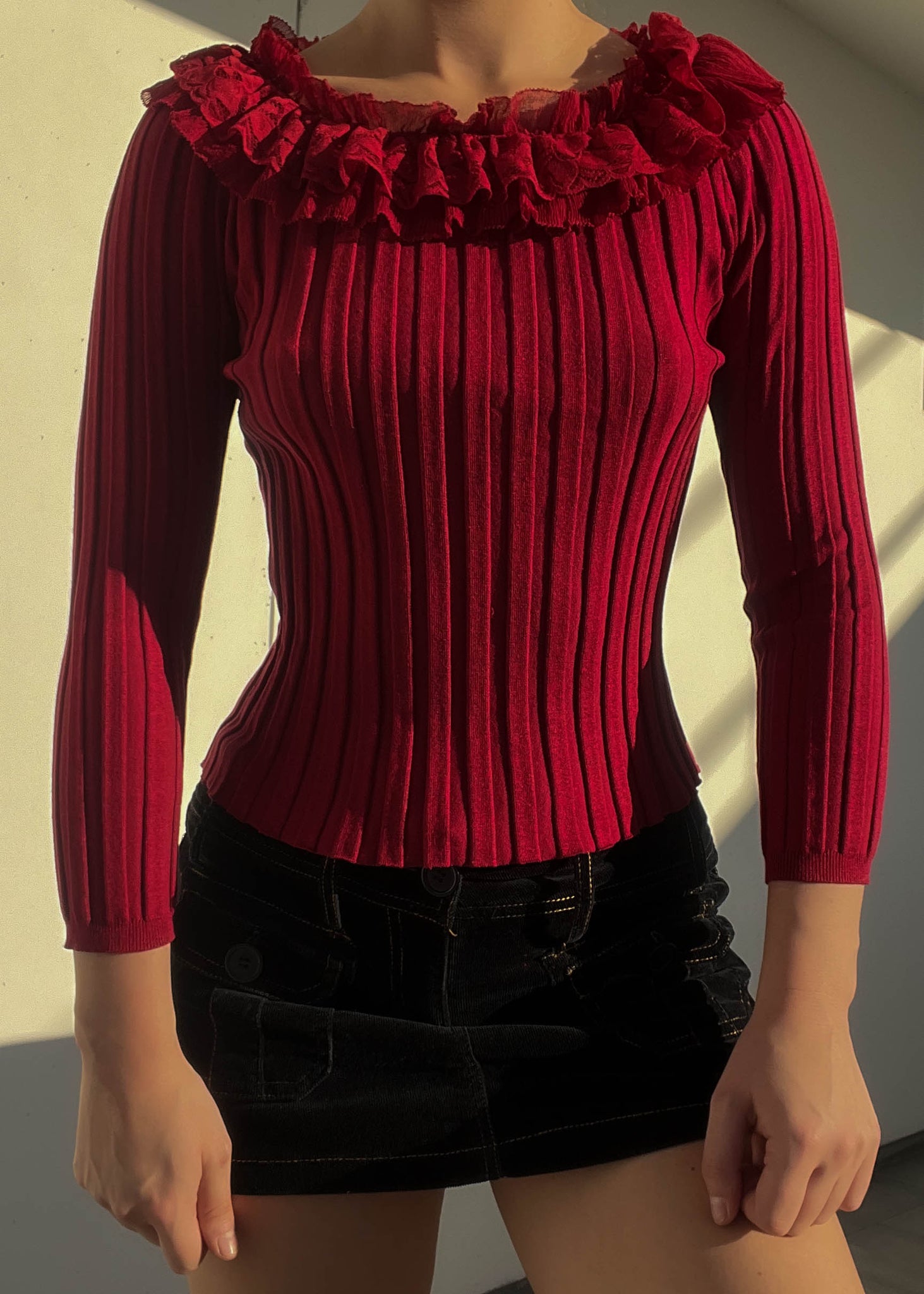 Red Ribbed Ruffle Knit (M)