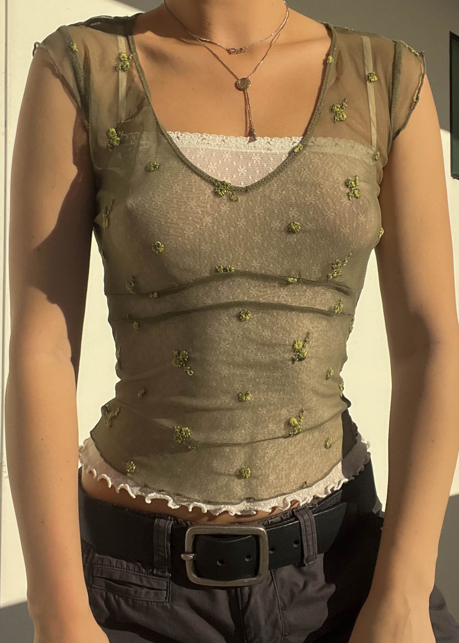 90's Olive Floral Mesh Top (S)
