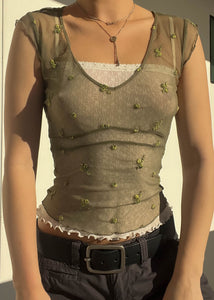 90's Olive Floral Mesh Top (S)