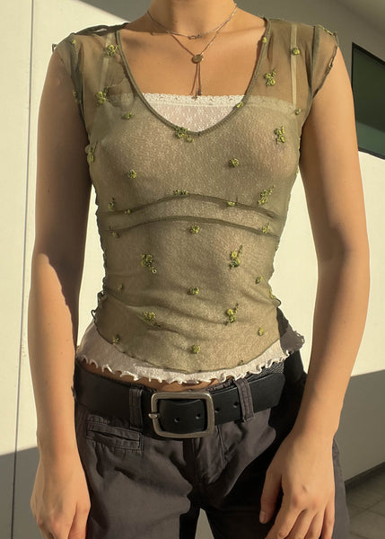 90's Olive Floral Mesh Top (S)