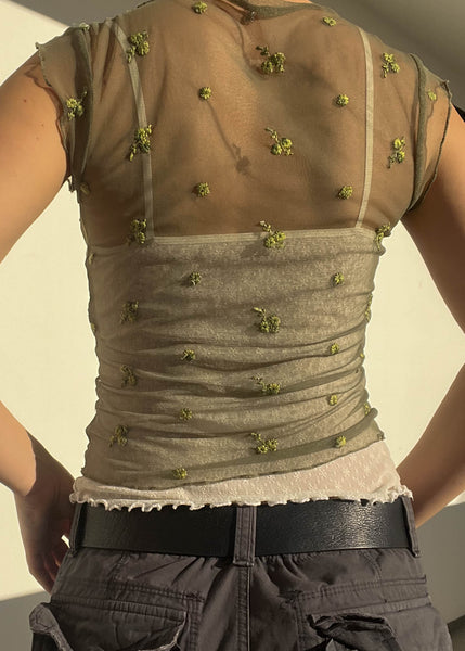 90's Olive Floral Mesh Top (S)