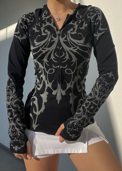 Y2k Tribal Brocade Print Hoodie (S-M)