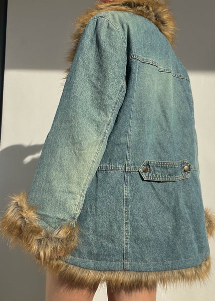 Y2k Fur Trim Denim Coat (L)