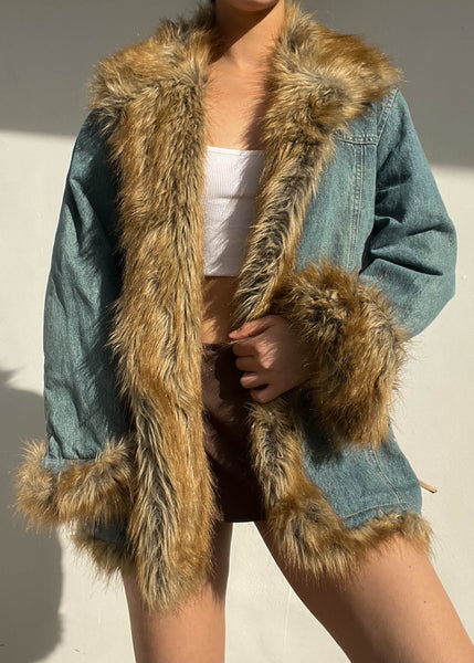 Y2k Fur Trim Denim Coat (L)