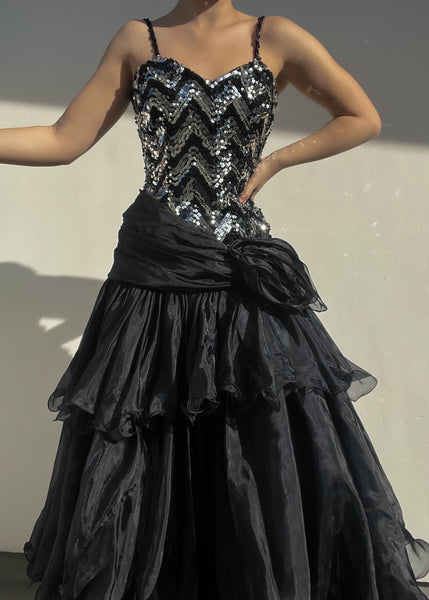 Sequin & Mesh Ruffle Gown (M)
