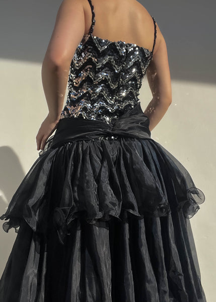 Sequin & Mesh Ruffle Gown (M)