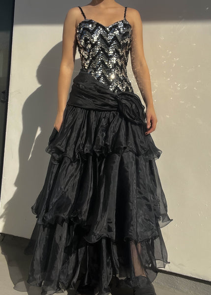 Sequin & Mesh Ruffle Gown (M)