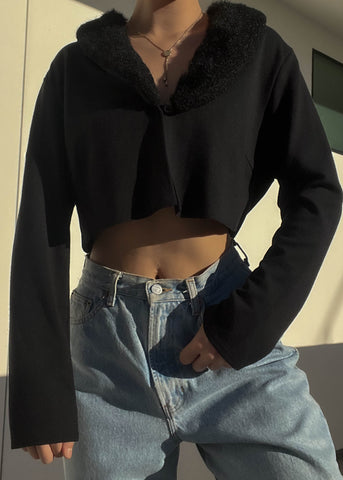 90's Black Fur Collar Cardi (M-L)