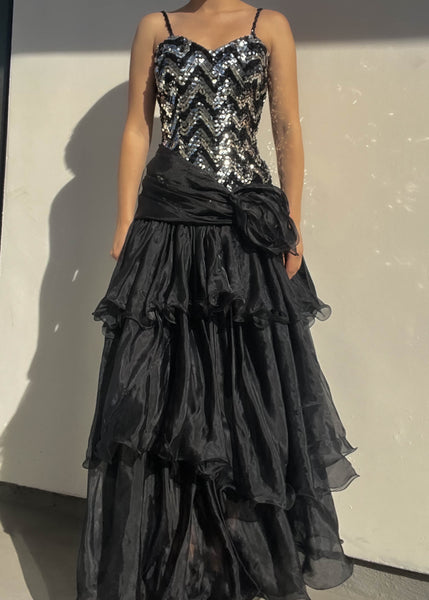 Sequin & Mesh Ruffle Gown (M)