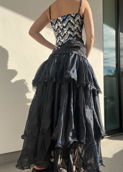 Sequin & Mesh Ruffle Gown (M)