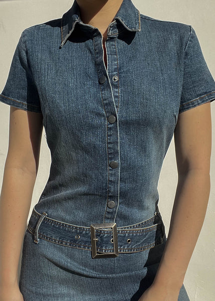 Y2k Denim Belted Mini Dress (S)