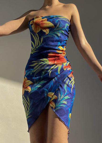 Tropical Print Strapless Midi Dress (S-M)
