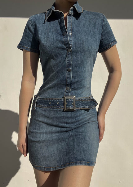Y2k Denim Belted Mini Dress (S)