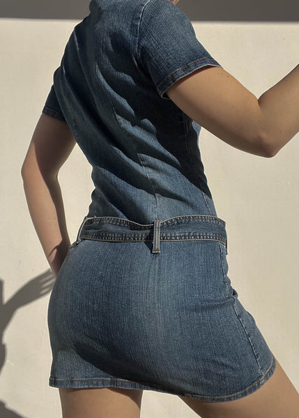 Y2k Denim Belted Mini Dress (S)