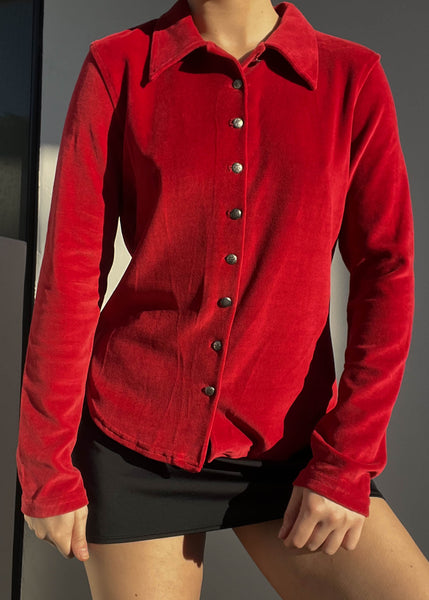 90's Red Velvet Button Down (S/M)