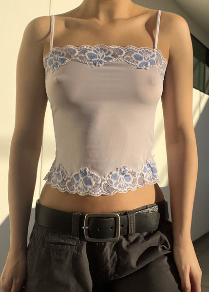 Y2k White & Blue Lace Trim Tank (S)