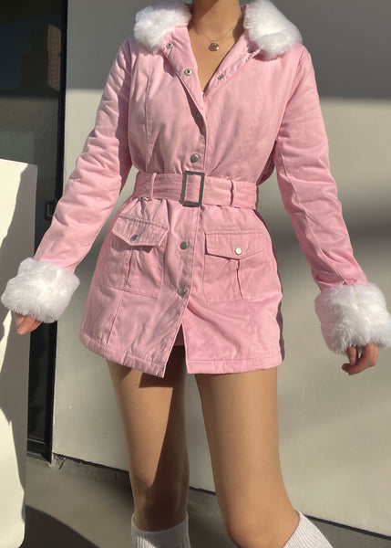 Pink & White Fuzzy Trim Jacket (M)