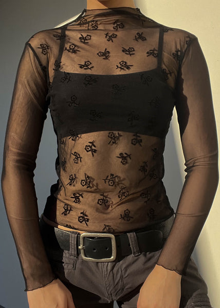 Sparkle Print Mesh Mock Neck (S)
