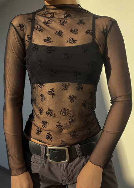 Sparkle Print Mesh Mock Neck (S)
