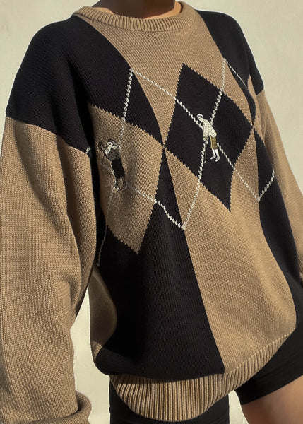 90's Tan & Black Argyle Golf Knit (L-XL)