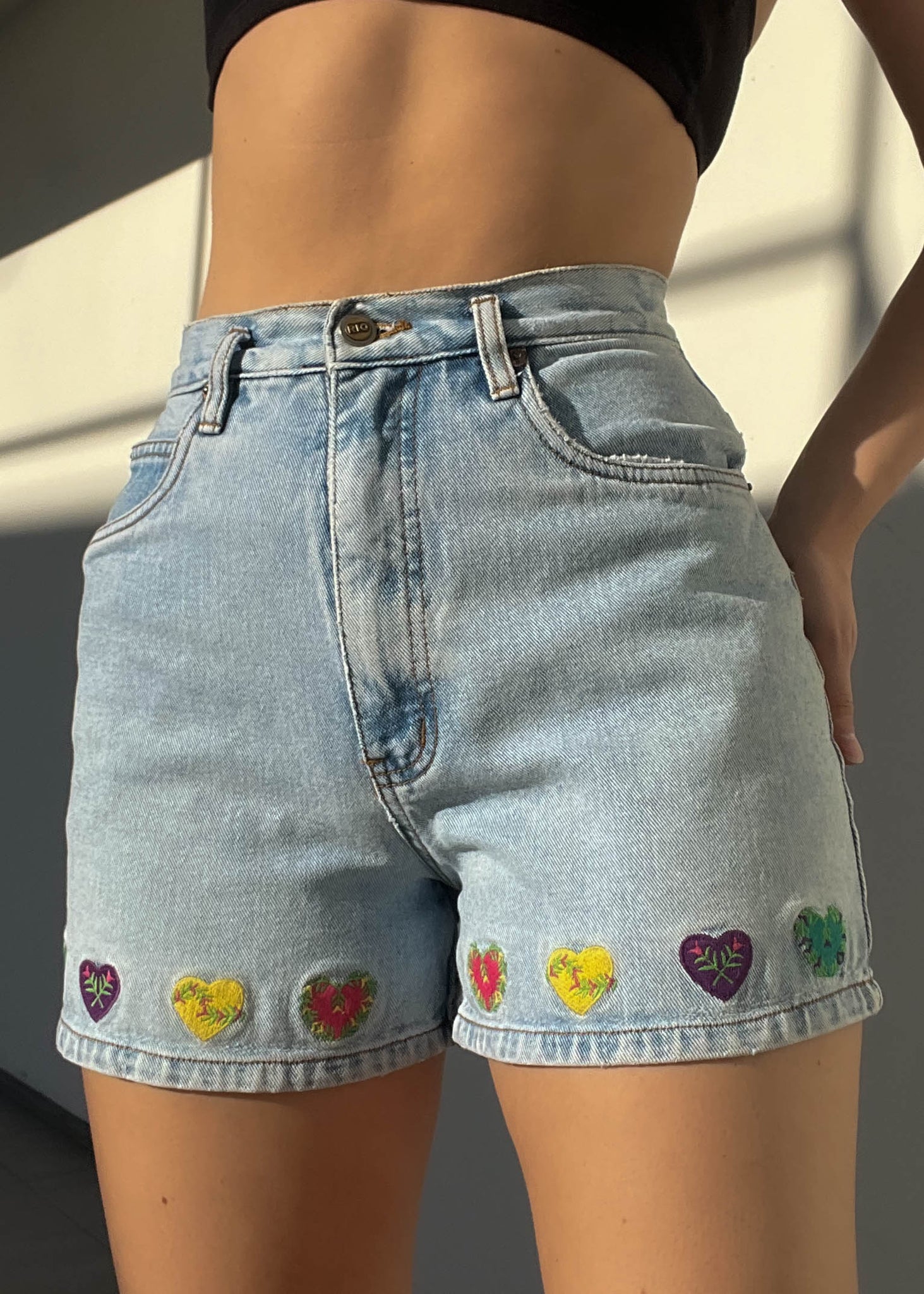 Embroidered Hearts Denim Shorts (26”)