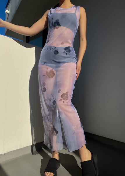 90’s Periwinkle Floral Print Mesh Maxi (S-S/M)