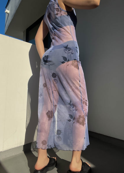 90’s Periwinkle Floral Print Mesh Maxi (S-S/M)