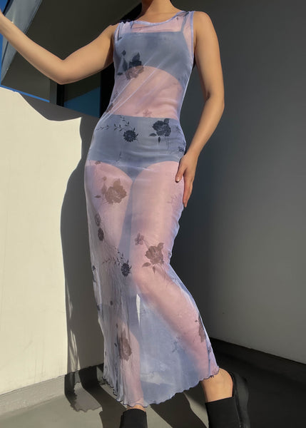 90’s Periwinkle Floral Print Mesh Maxi (S-S/M)