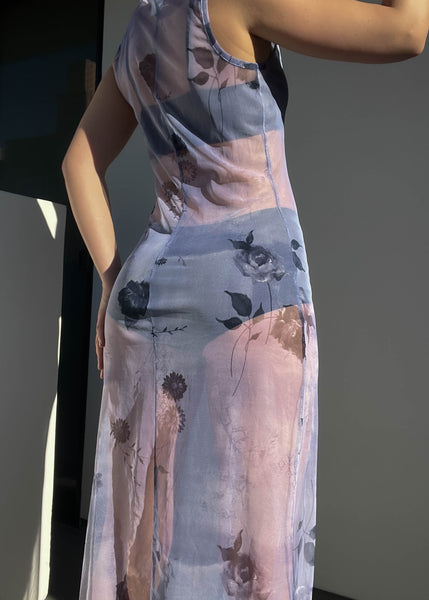 90’s Periwinkle Floral Print Mesh Maxi (S-S/M)