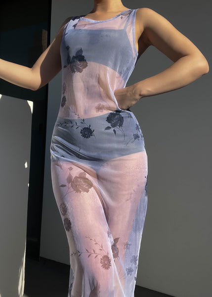 90’s Periwinkle Floral Print Mesh Maxi (S-S/M)