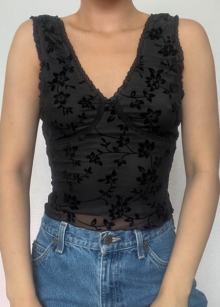 90's Black Floral Tank (S)